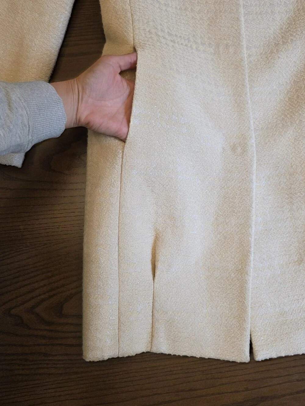 Sisley Cream Wool Tweed Coat Collarless Quiet Luxury Minimalist Paris Winter